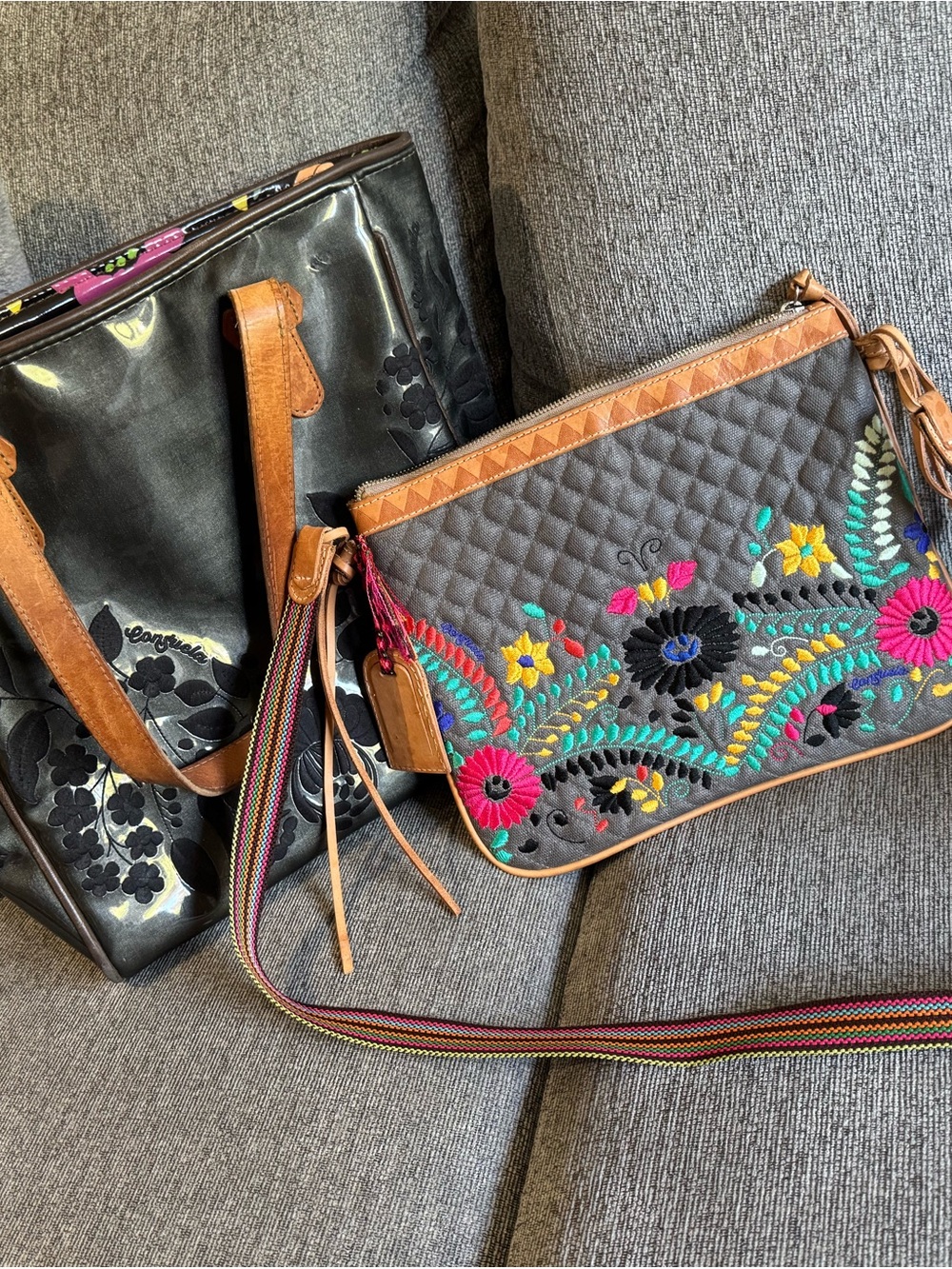 Consuela Quilted Embroidered Crossbody in Charcoal with Multicolor Floral